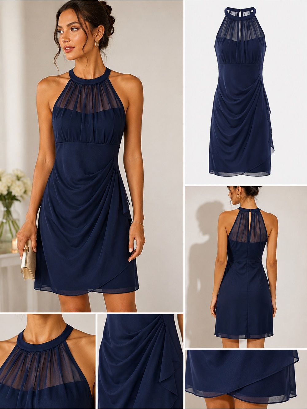 David's Bridal Navy Halter Chiffon Cocktail Dress